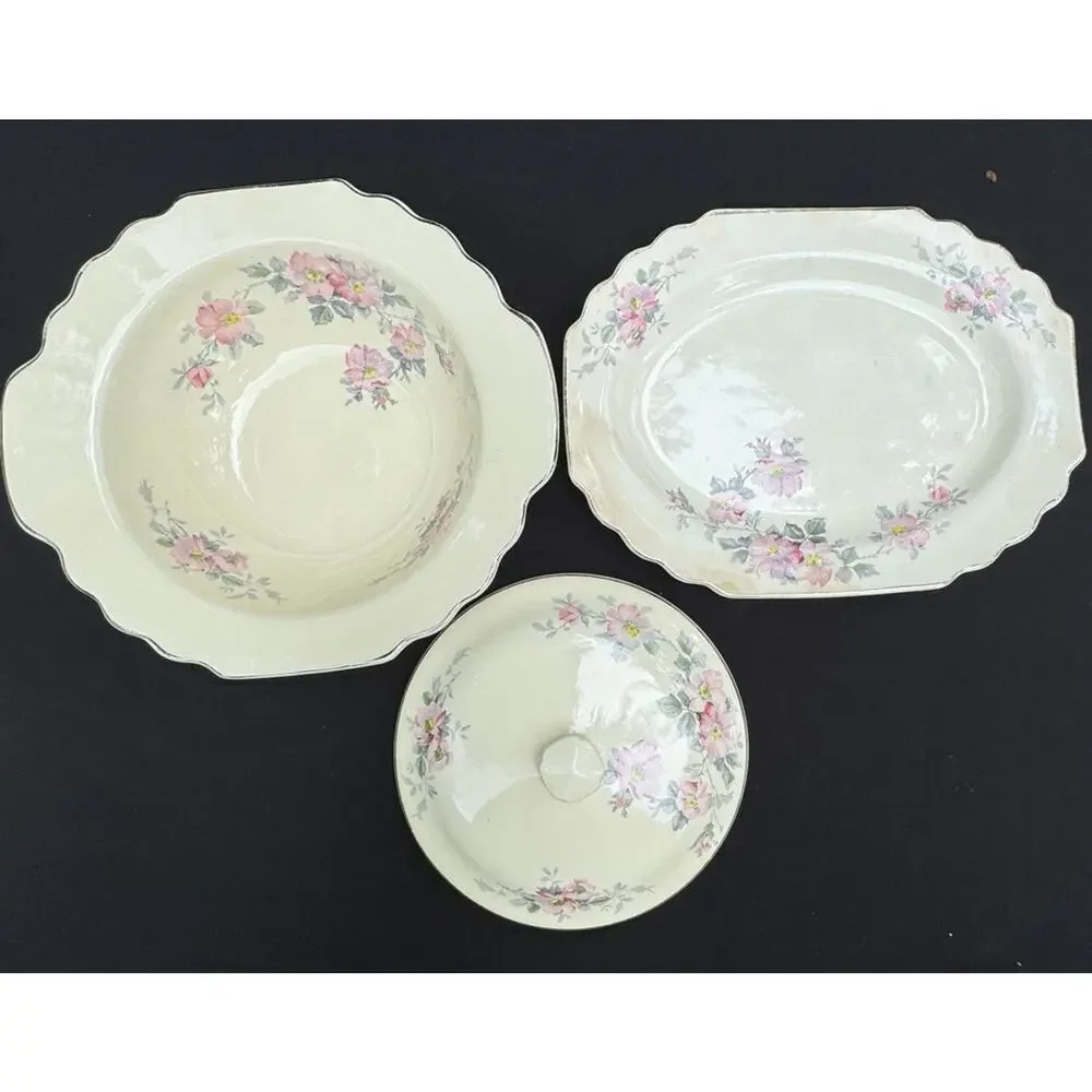 2 Vintage WS George LIDO Canarytone Pink Floral Bowls Serving Dishes -A84